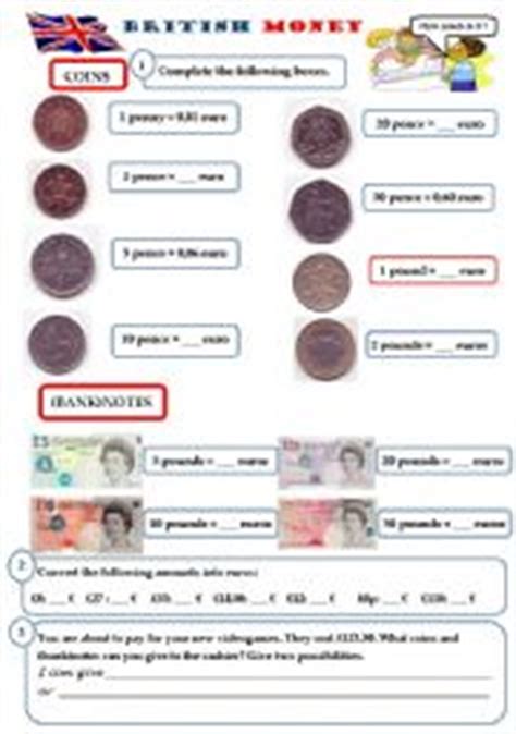 british money coins  banknotes esl worksheet  linou