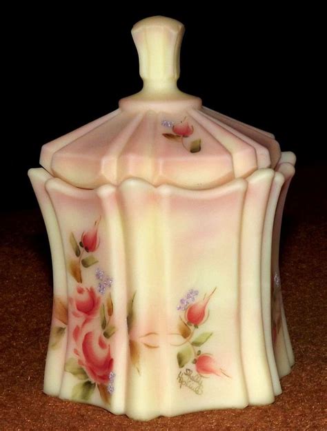 Fenton Pink Custard Burmese Santin Lidded Jar Hand Painted With Roses
