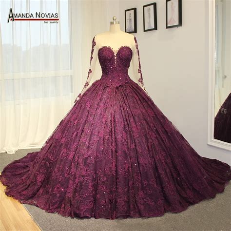 amazing high  wedding dress purple lace wedding dress long train