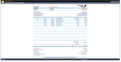 appliance repair invoice template  template