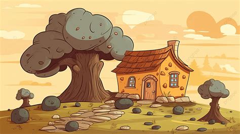 cartoon huis gele hemel boom achtergrond huizen boom tekenfilm huis achtergrond afbeelding