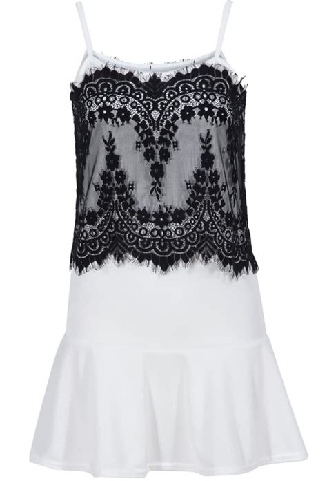 white contrast lace spaghetti strap pleated dress shein sheinside