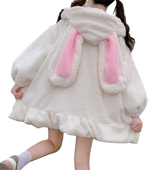 girls women kawaii bunny ear hoodie long sleeve fuzzy fluffy rabbit