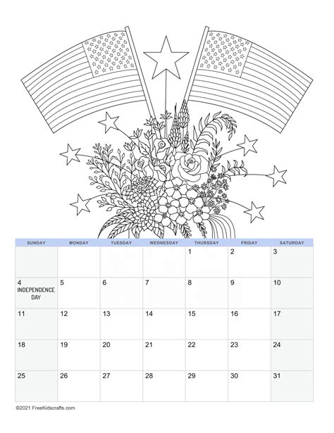 printable july coloring calendar