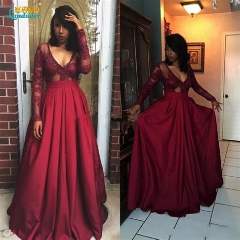 Burgundy Prom Dresses 2017 Sexy Long Sleeves Prom Dress Evening Gowns V