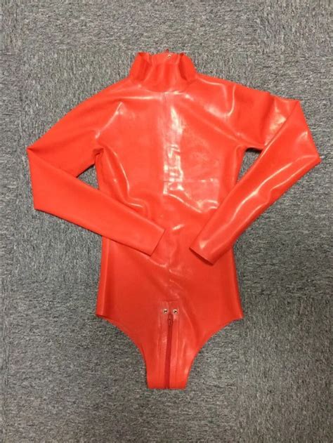 red long sleeved latex swimsuit with zip at back high collar leotard