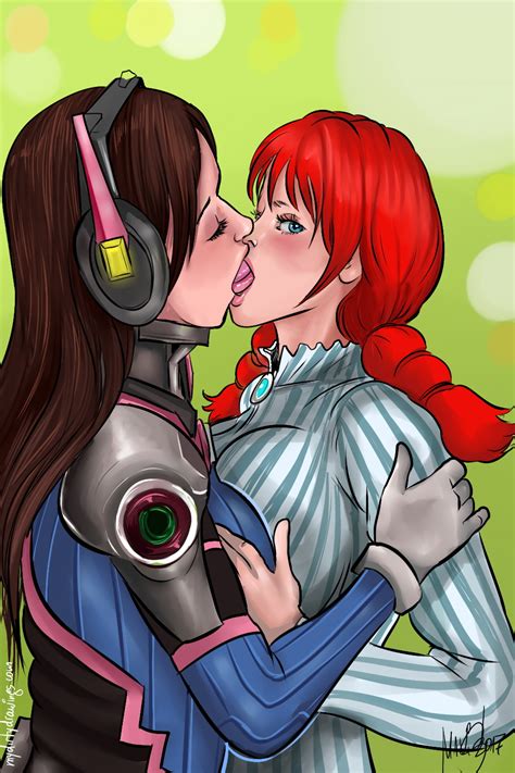 rule 34 2girls brown hair crossover d va female female only kissing long hair looking at