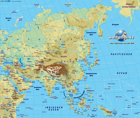 karte von asien physikalisch uebersichtskarte regionen der welt