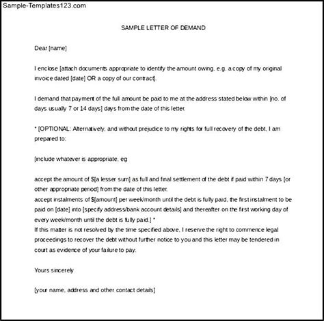 debt recovery letter  demand word format  sample templates