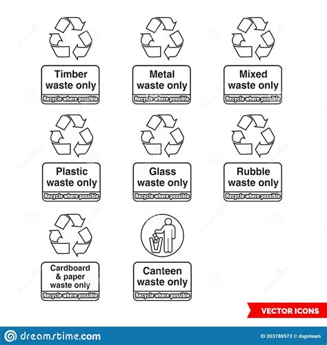 waste  recycling signs icon set  outline types isolated vector