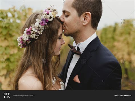 Groom Kissing His Bride S Forehead In A Vineyard Stock