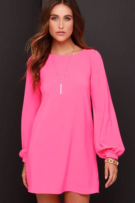 Cute Hot Pink Dress Shift Dress Long Sleeve Dress 38 00 Lulus