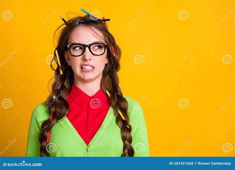 photo of geek teenager girl messy hairstyle look copyspace disgust