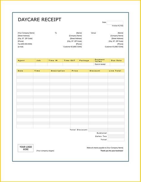 printable receipt forms   ms word excel daycare receipt