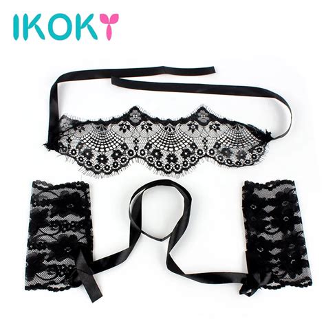 ikoky 1 set sexy lace mask with handcuffs blindfold sets bondage black