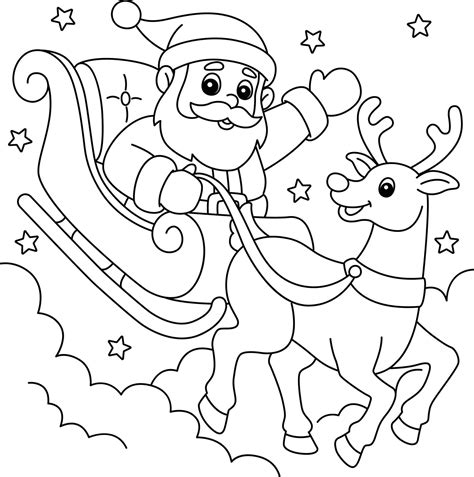 christmas santa sleigh  reindeer coloring page  vector art