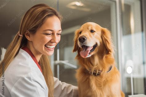 smiley beautiful veterinarian examining  dog  posing