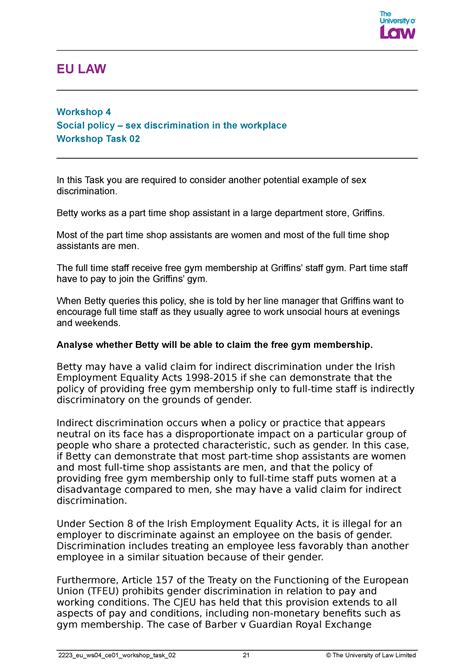 Eu Law Lg4 Ws2 Eu Unit 4 Ws2 Eu Law Workshop 4 Social Policy – Sex