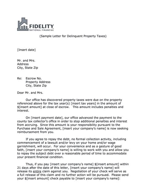 delinquent property tax letter samples fill  printable
