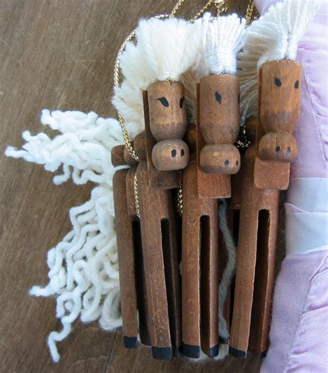 set   handmade vintage wooden clothespin ornaments horses