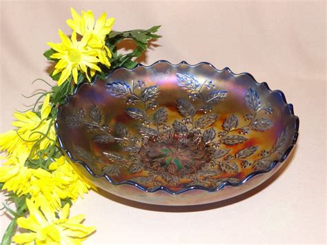 Carnival Glass Blue Fenton Holly Bowl 8 Vintage From The