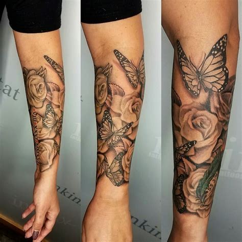 Black And Grey Flower And Butterfly Forearm Tattoo By Kelsey Rogers
