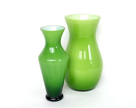A Set Of Two Vintage Art Glass Vases Each With A Tapered Lime Green