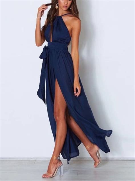 navy blue side slit sashes high waisted cut out flowy bohemian maxi