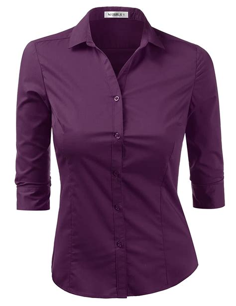 Buy Doublju Womens Slim Fit Plain Classic 3 4 Sleeve Button Down Collar