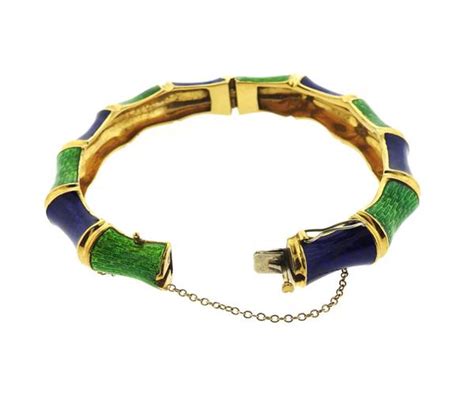 italian 18k gold blue green enamel bangle bracelet