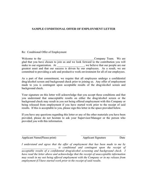 sample conditional offer  employment letter  word   formats