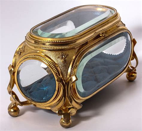 Antique French Deep Beveled Glass Jewelry Box Casket Brilliant Dore