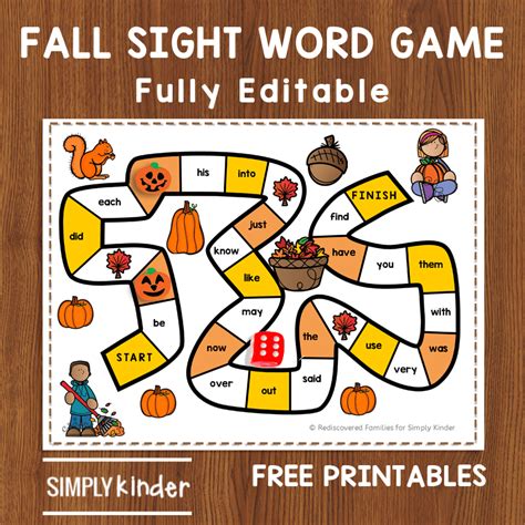 printable sight word game    fall simply kinder