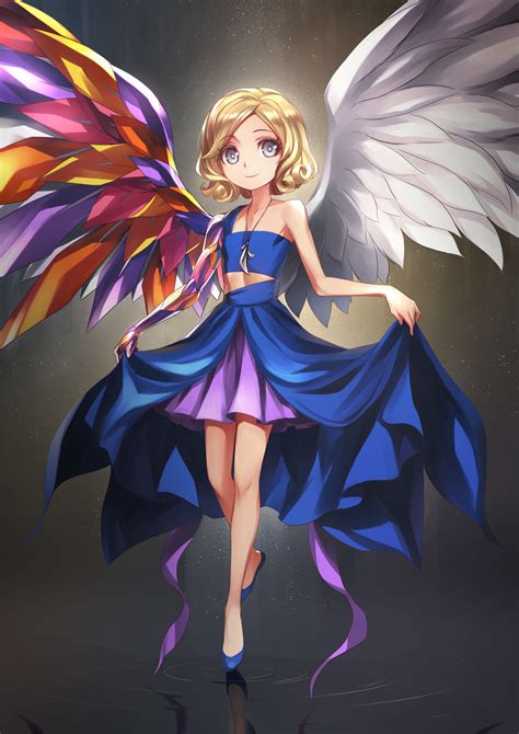 safebooru 1girl angel angel wings asymmetrical wings blonde hair