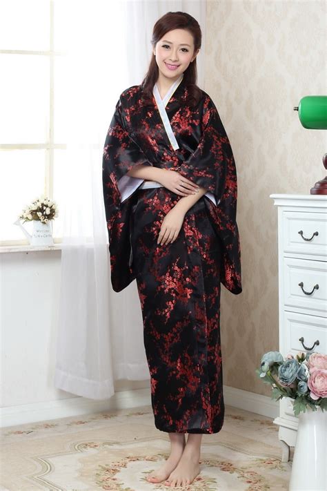 black red japanese women silk satin yukata kimono with obi classic