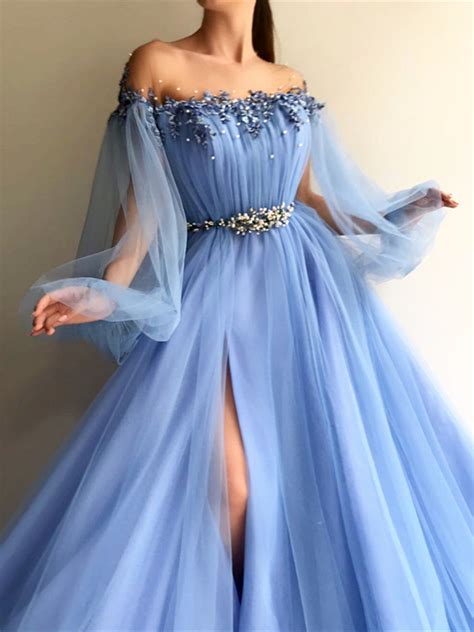 custom   neck baby blue tulle long sleeves prom dresses blue