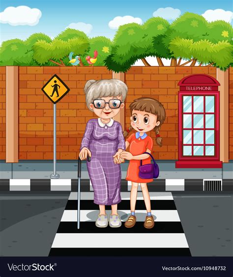 Girl And Old Lady Crossing The Road Royalty Free Vector