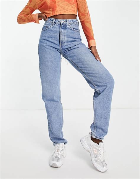 weekday lash cotton blend high waist mom jeans  hanson blue mblue modesens