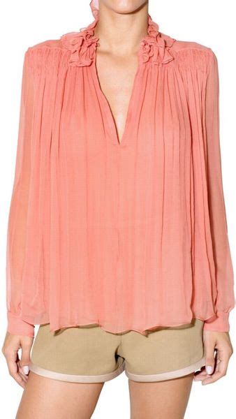 chloé ruffled silk chiffon blouse in pink coral lyst