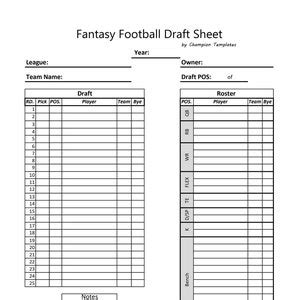 fantasy football draft day sheet template etsy