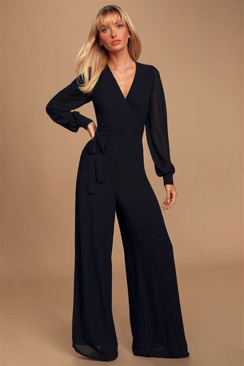 latest thing black surplice long sleeve jumpsuit jumpsuits for women