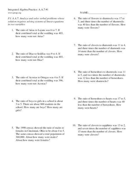 algebra  system  equations word problems   worksheets