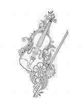 Violin Coloring Leafs Doodle Mehendi Bow Floral Flowers Style sketch template