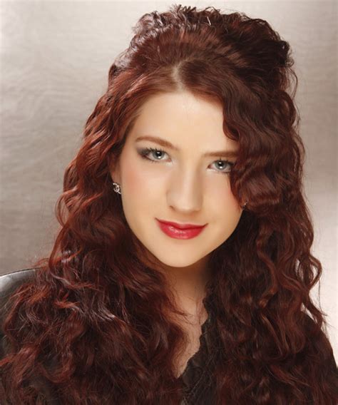 long curly casual hairstyle dark auburn red hair color