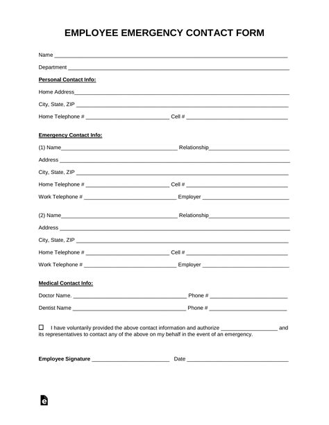 employee emergency contact form  word eforms