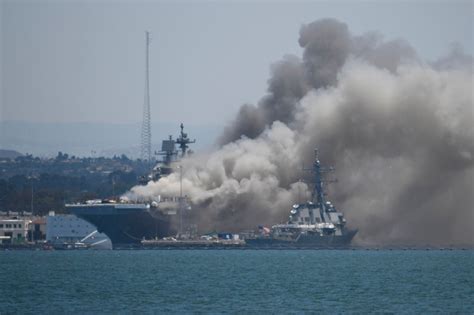 fire damages navy ship uss bonhomme richard  san diego