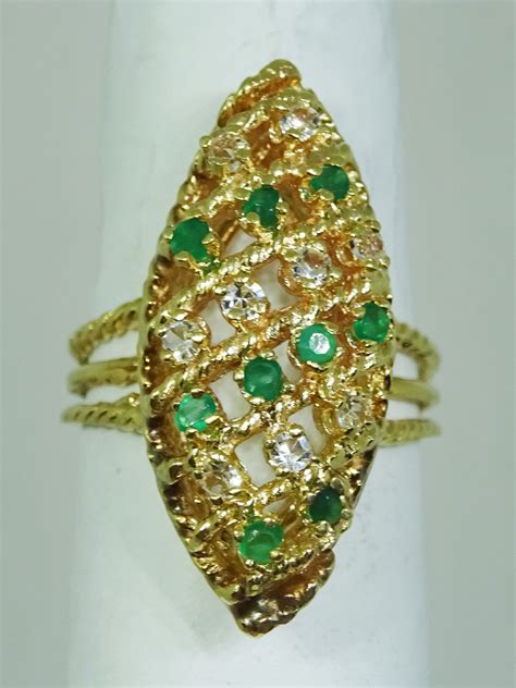 Emerald & Diamond Navette Setting Gold Ring Size 6 14k