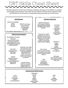 dbt skills cheat sheet worksheets bundle  colorful counselor