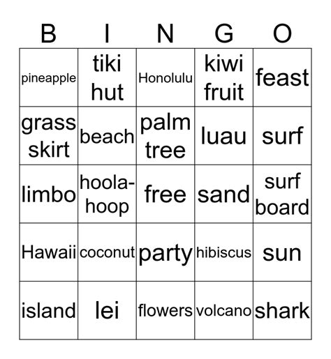 hawaiian bingo game bingo card
