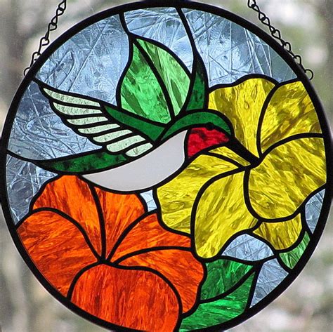 stained glass hummingbird  suncatcher orange yellow flowers etsy